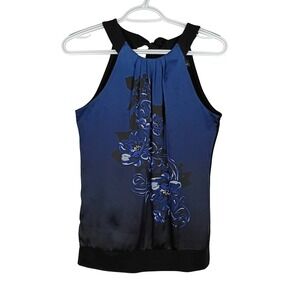 White House Black Market Blue Floral Halter Neck Tie Back Blouse Small
